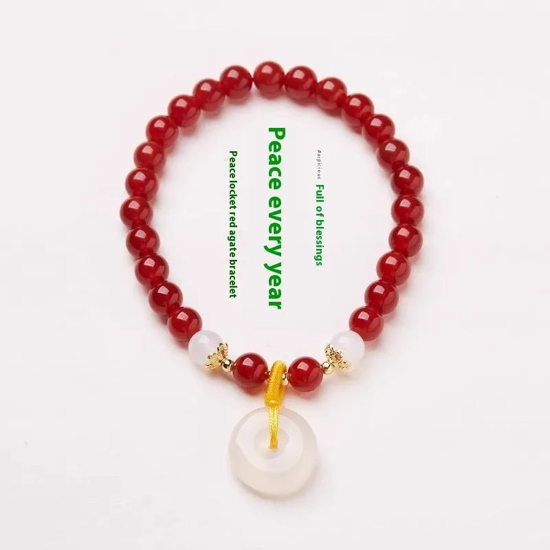 Handmade natural jade safety buckle bracelet with agate and strawberry quartz beads.