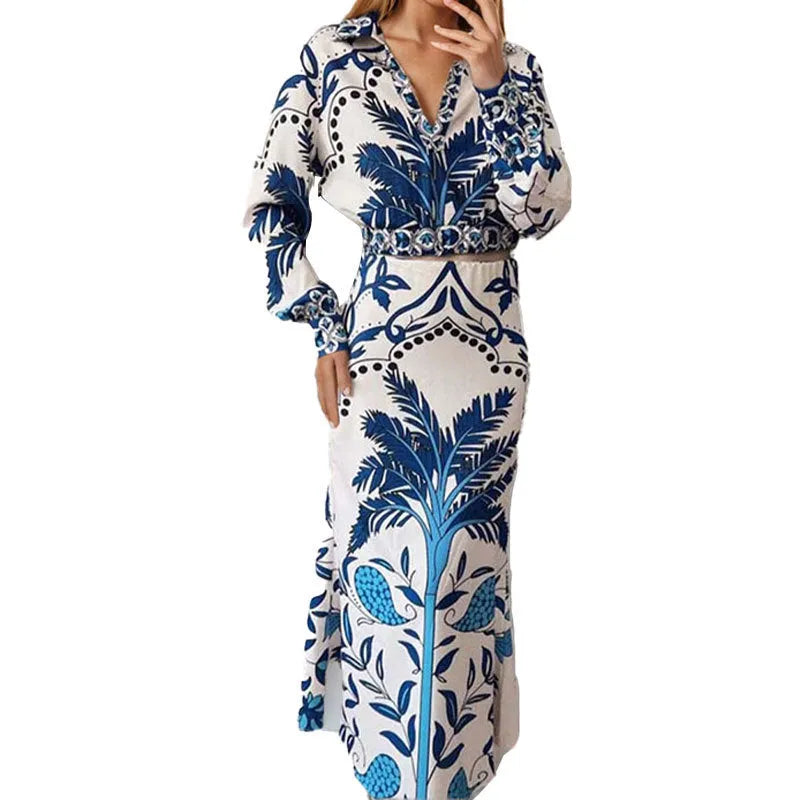 Women's casual polyester co-ord set featuring a long sleeve top and long skirt in picture colour.
