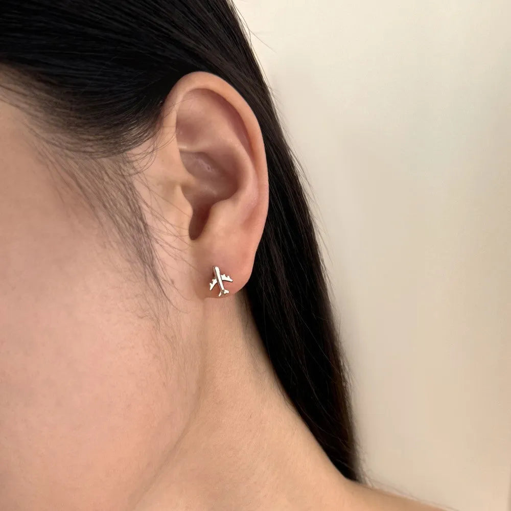 Pair of S925 sterling silver stud earrings with aircraft design in platinum finish