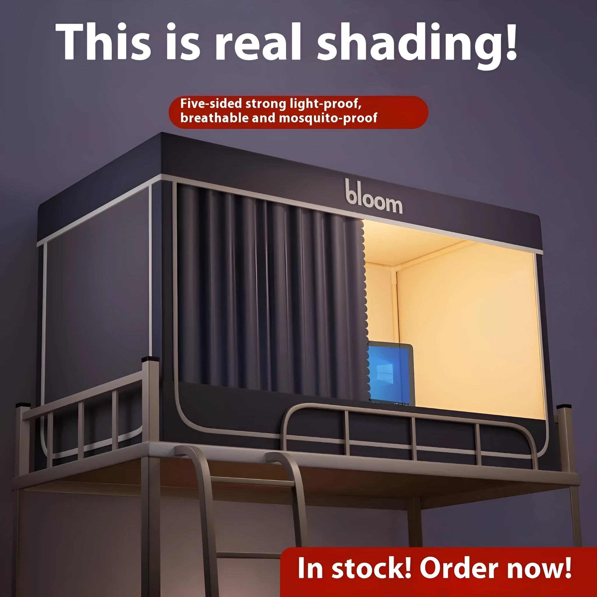 Integrated mosquito net bed curtain for 0.9m beds in gentleman grey with light blocking design