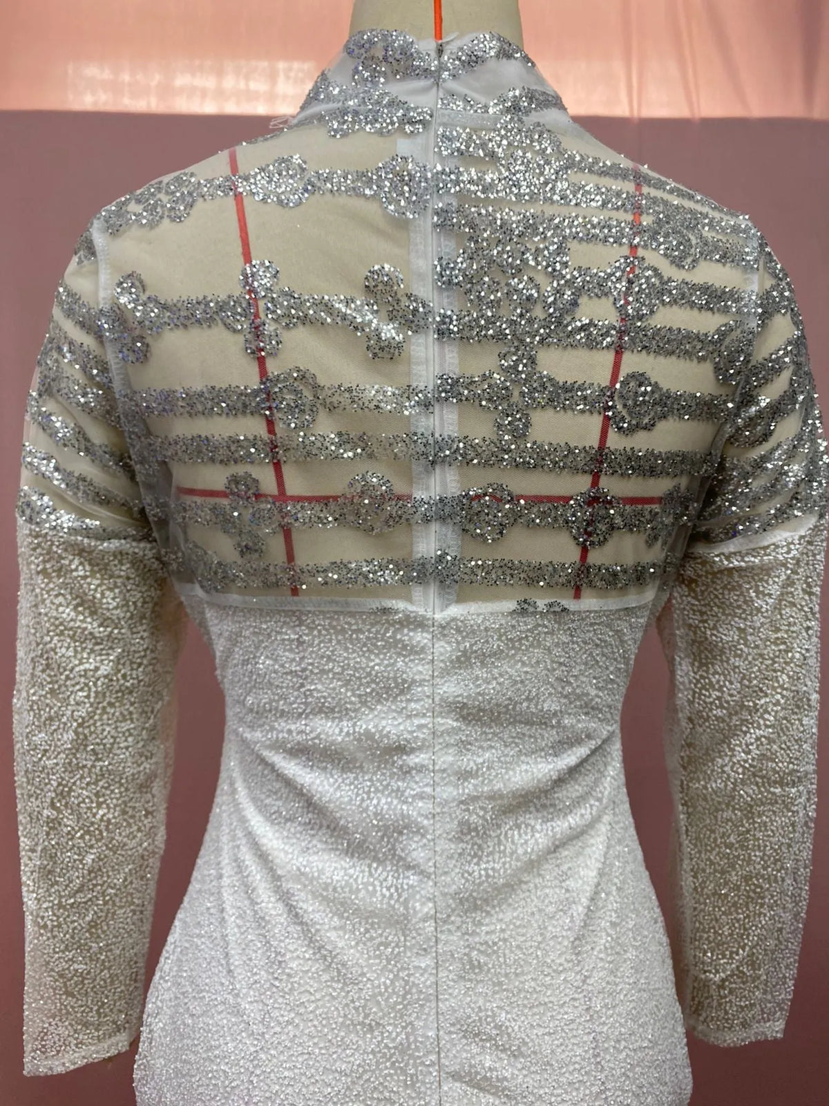 Women's long sleeve high waist sequin dress in silver solid colour polyester full-length silhouette