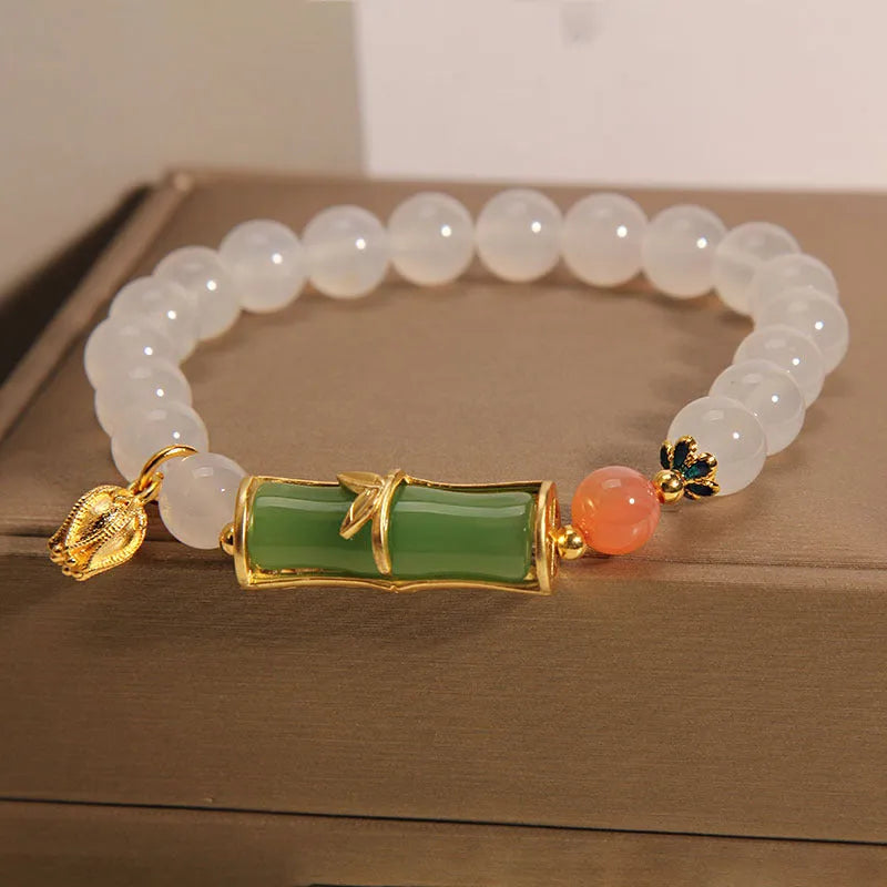 Chinese style bamboo beaded bracelet for women in white agate and jade with retro design