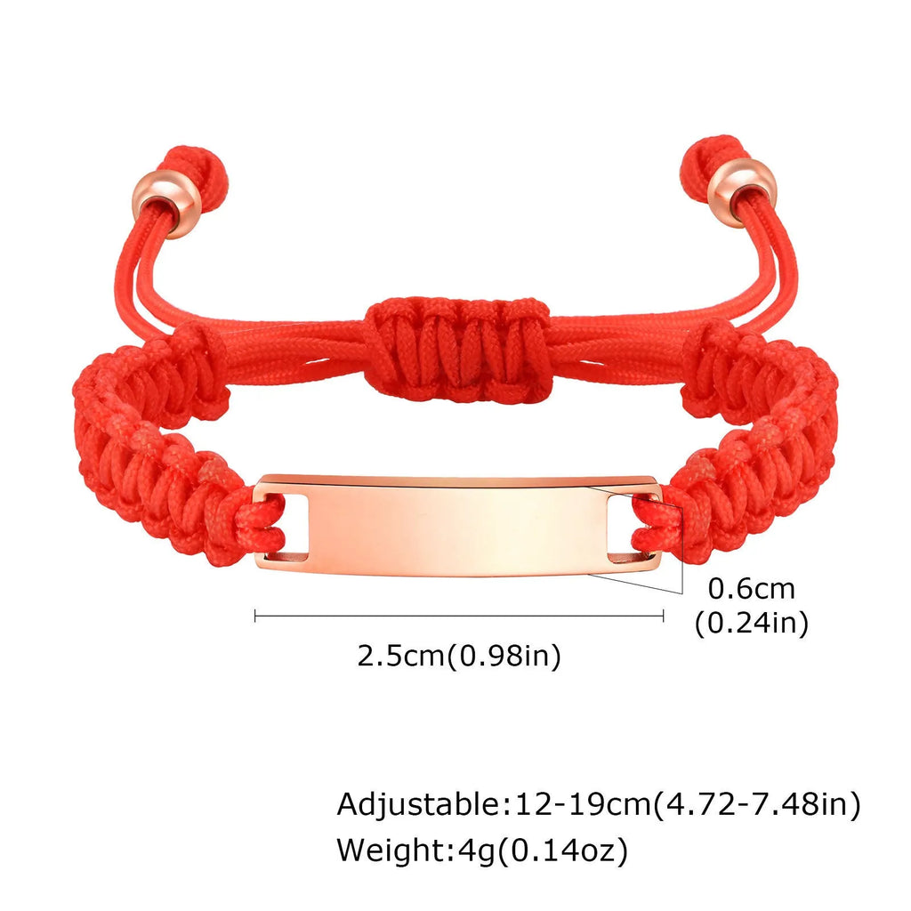 Stainless steel curved brand red nylon rope woven children's bracelet in rose gold on a white background