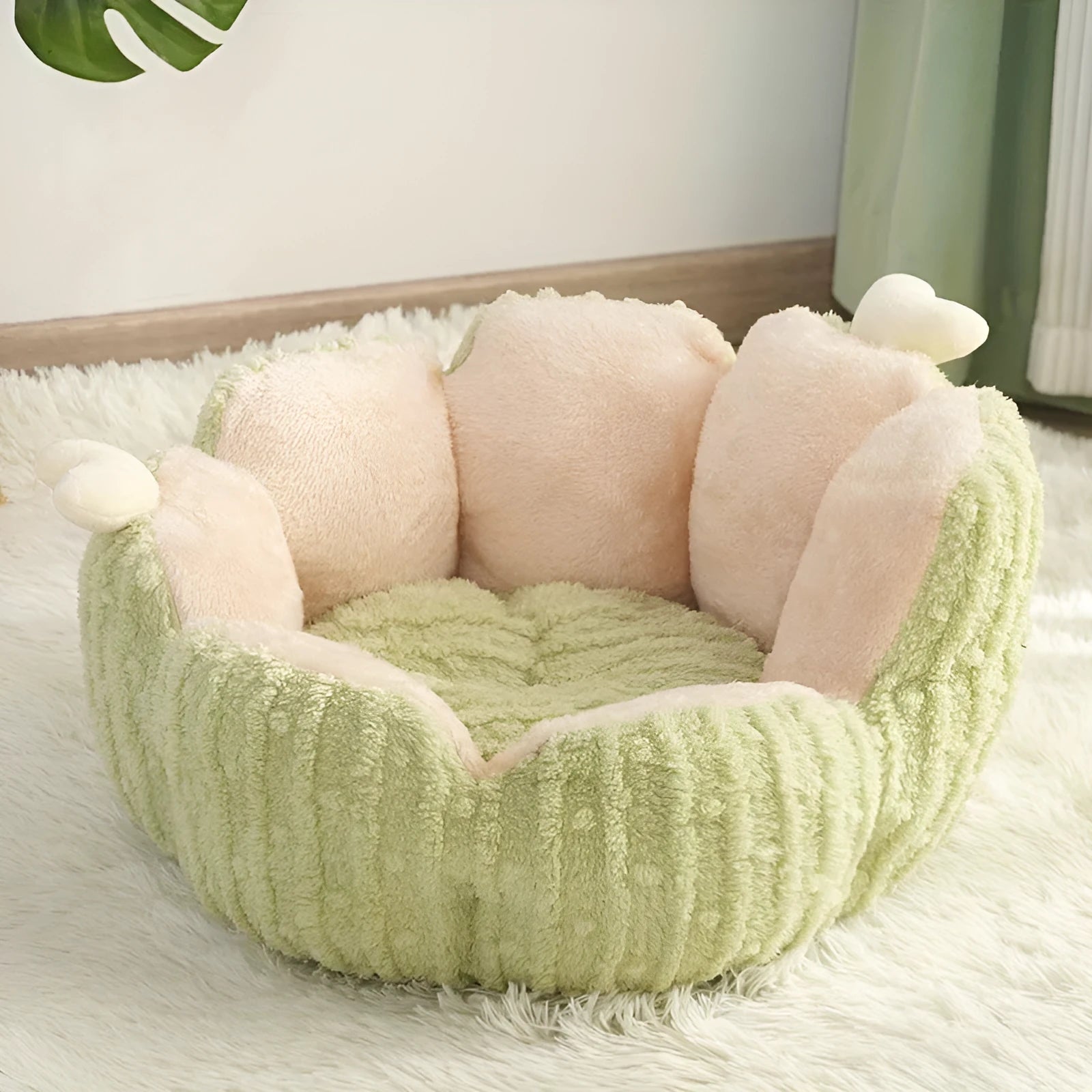 Green cactus-shaped soft pet kennel for cats with litter containment design