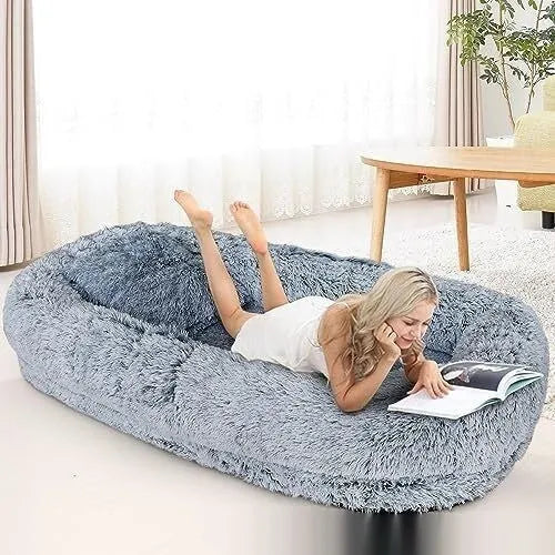 Queen bed pet plush sofa in dark gray cloth with optional blanket for dogs, 5XL and 6XL sizes
