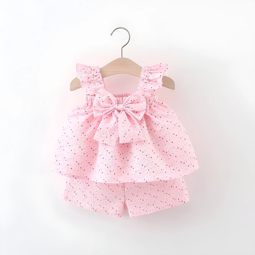 Baby girls cotton bowknot flying sleeve top and shorts set in pink, suitable for 73-100cm height