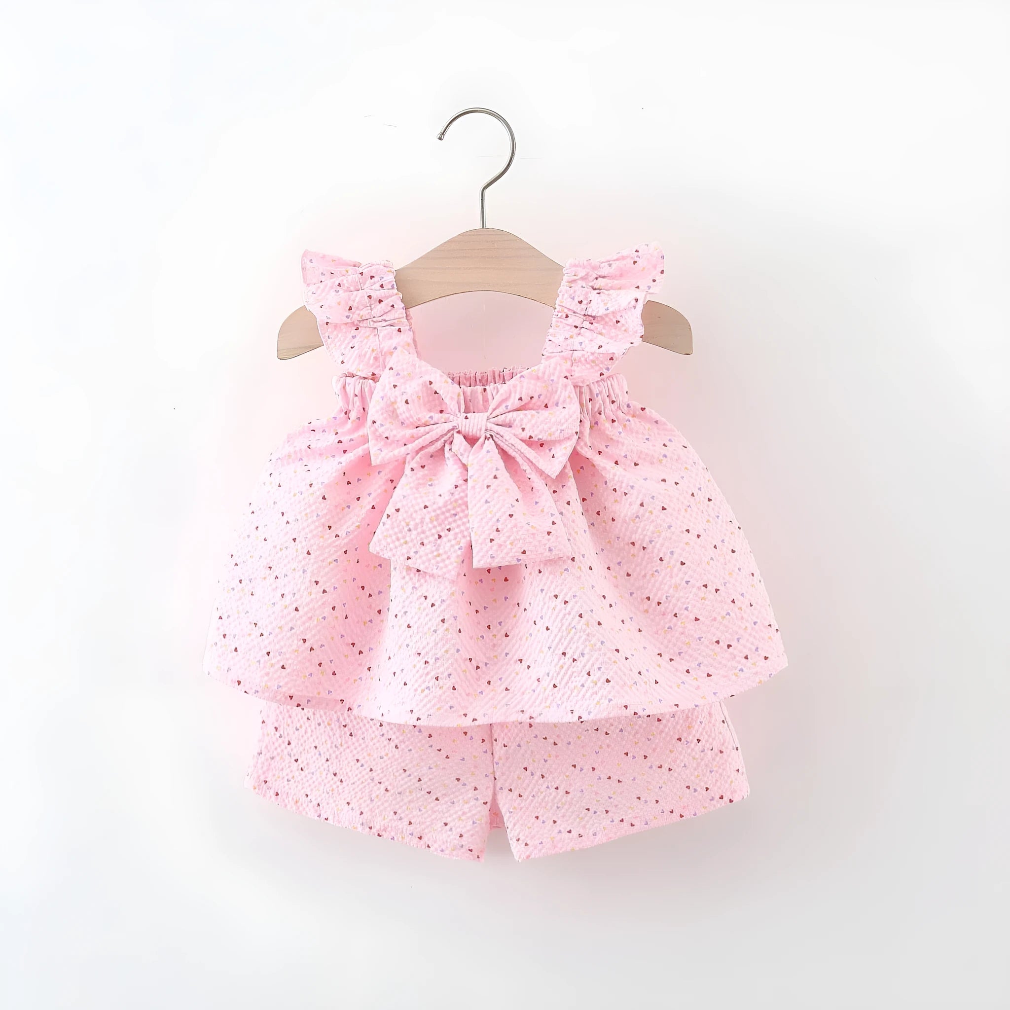 Baby girls cotton bowknot flying sleeve top and shorts set in pink, suitable for 73-100cm height