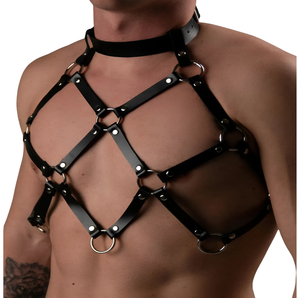 Black PU leather punk chest strap with integrated collar and corset closing belt, handmade with punched detailing