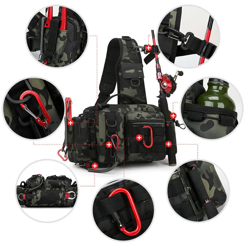 Waterproof fishing bag in black with polyester construction, measuring 19x38x14cm