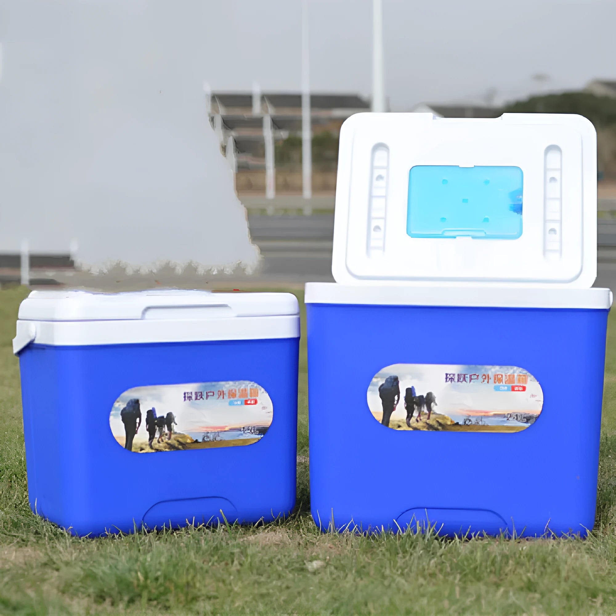 Blue portable insulated cooler box with aluminum foil exterior and multiple capacity options for outdoor cooling