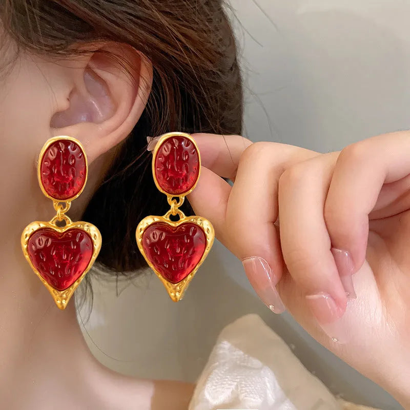 Silver needle pleated oval love heart stud earrings in purple, red, green, and yellow white colour options.