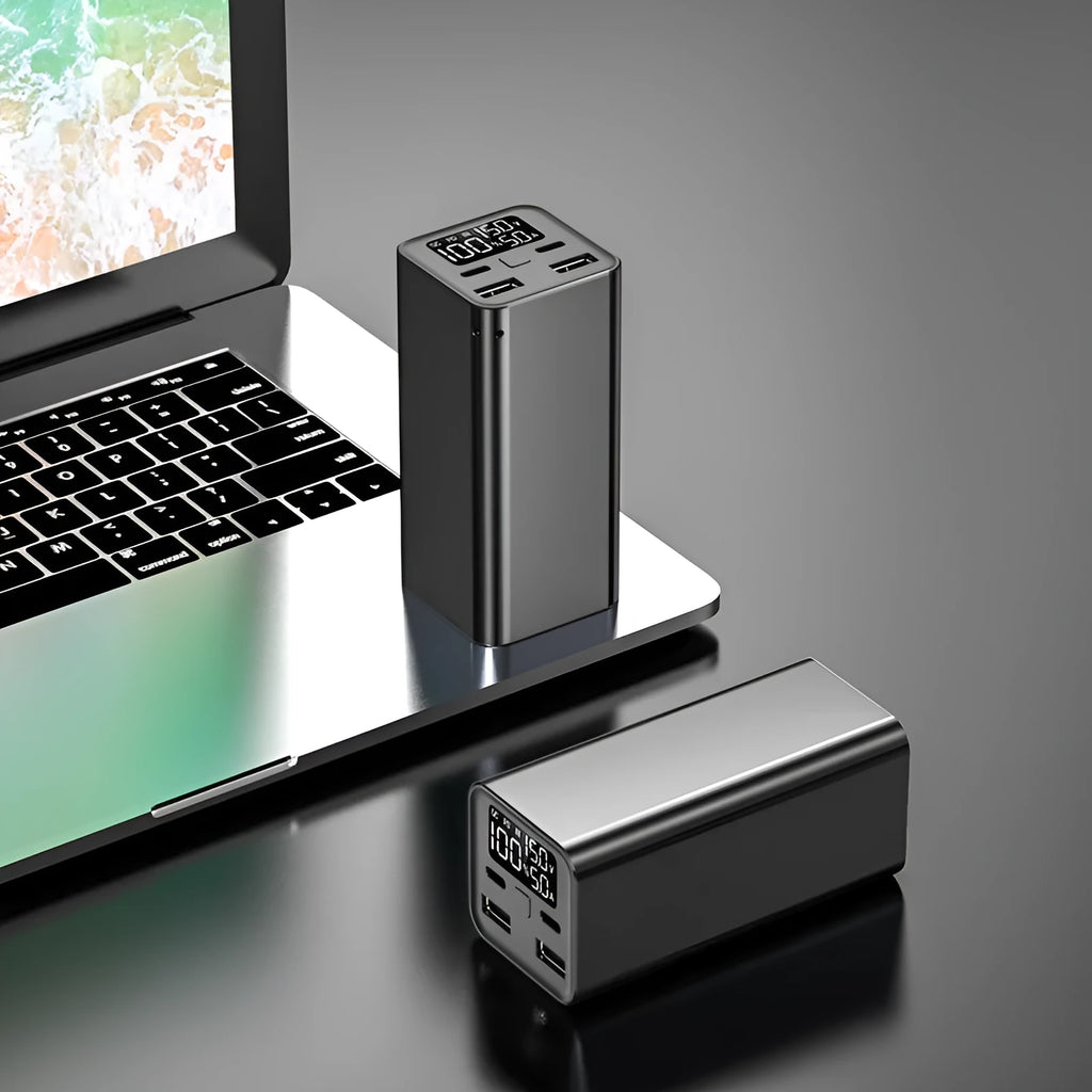 65W metal power bank with 20000mAh capacity for laptop charging, shown in black, blue, and grey colour options.
