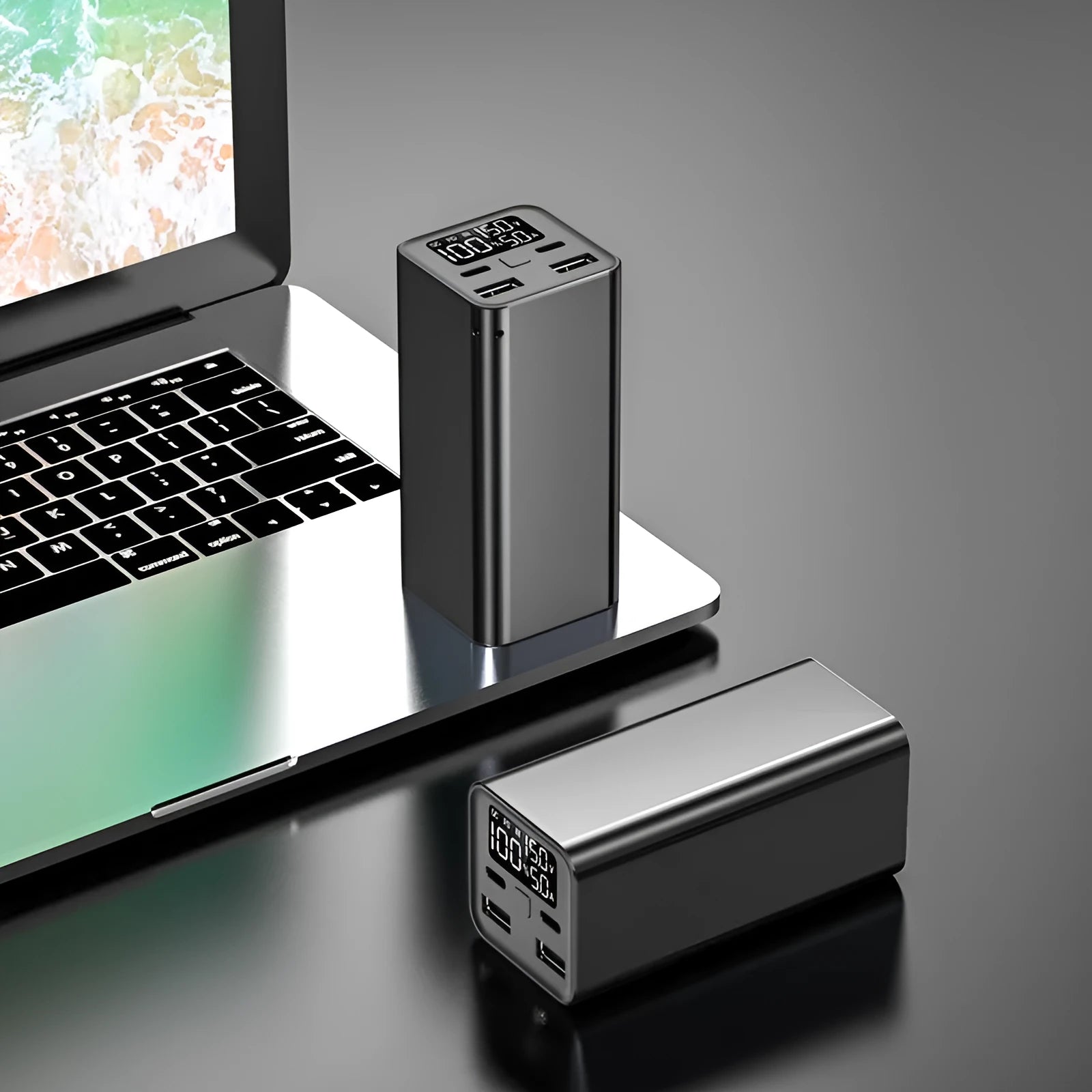 65W metal power bank with 20000mAh capacity for laptop charging, shown in black, blue, and grey colour options.
