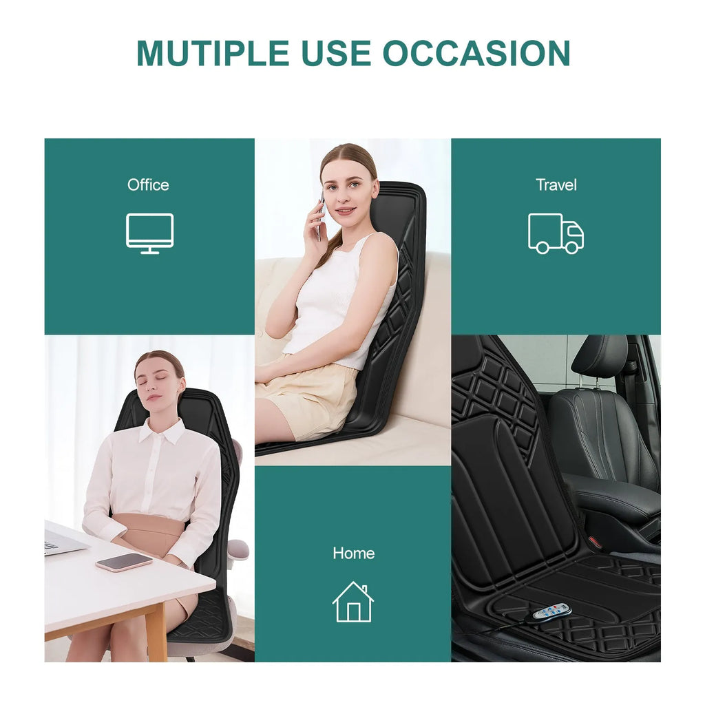 9-speed massage cushion with timer and heat on a black office chair, showing remote control and PU leather surface