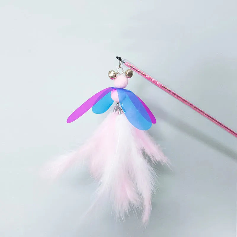 Fairy Feather retractable cat toy with large fluffy feather head and PVC pole, on a white background
