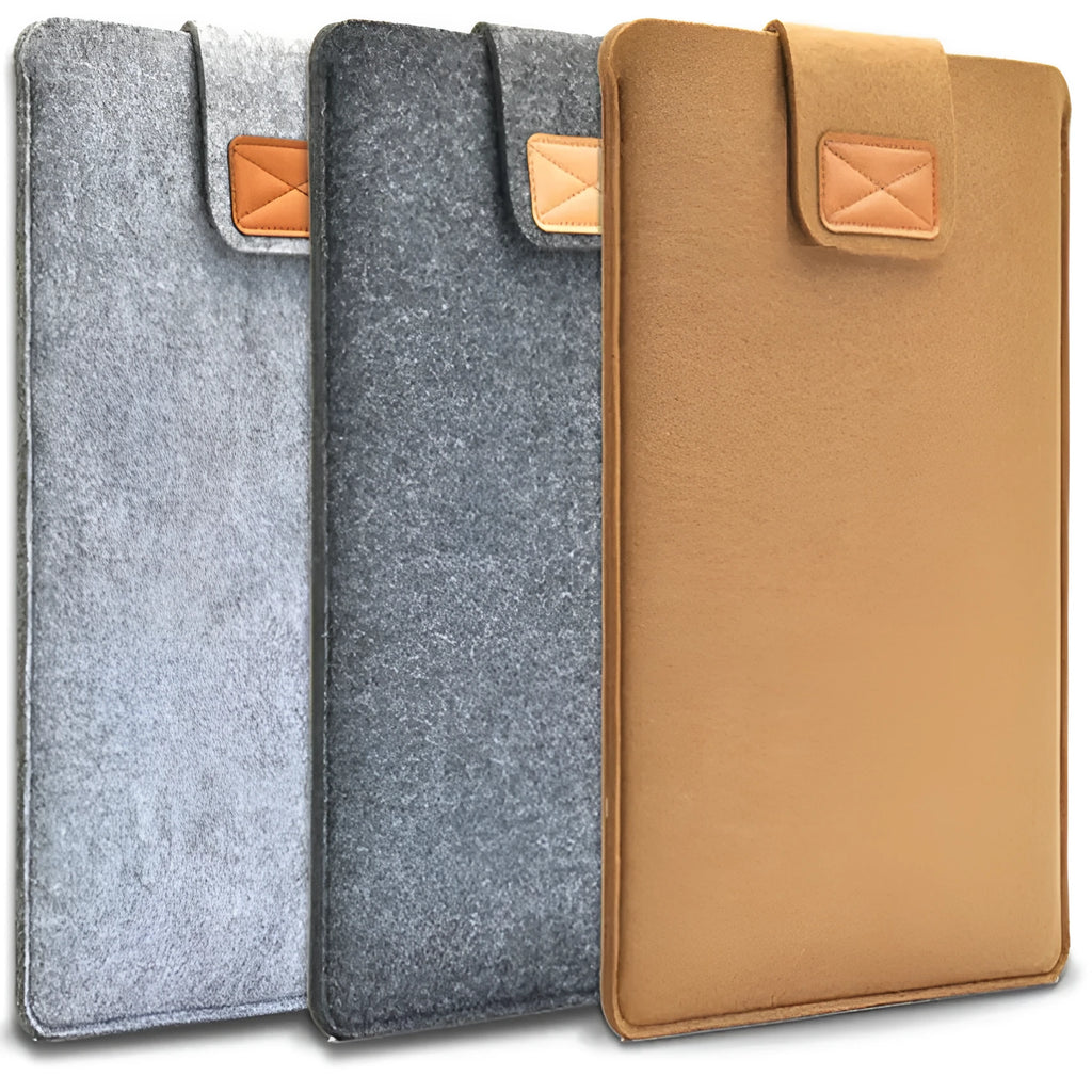 Dark grey clamshell laptop bag open to show plush felt interior for a 14-inch notebook.