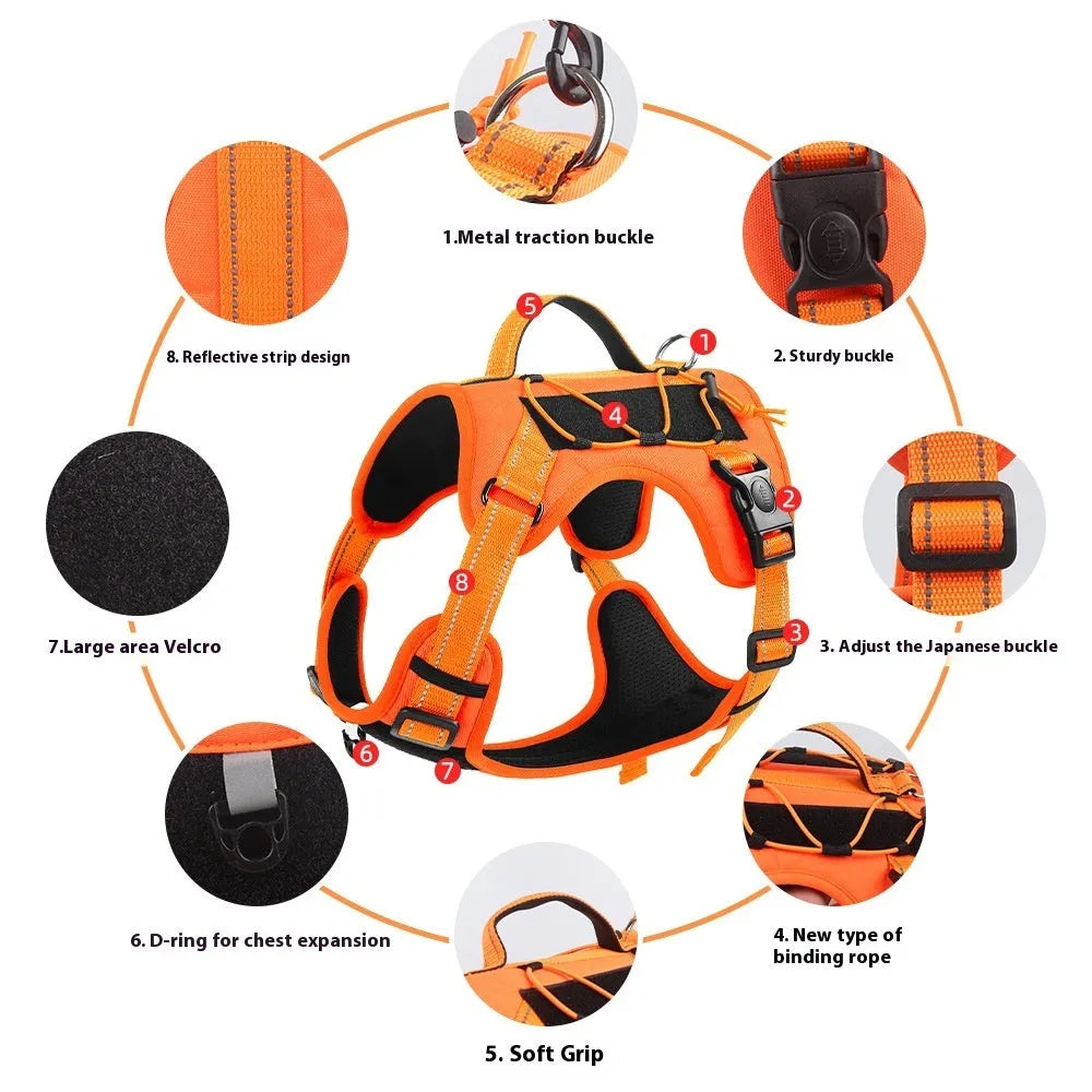 Orange reflective dog vest harness with a black detachable hand-holding rope laid flat.