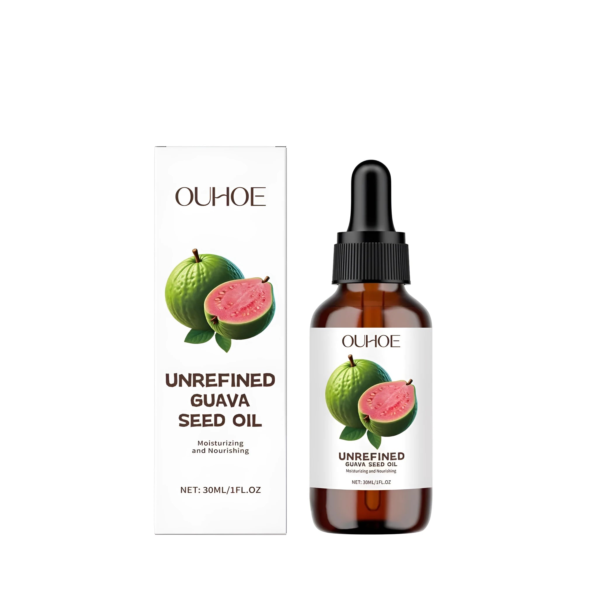 30ml glass bottle of clear Guava Seed Oil serum with dropper.