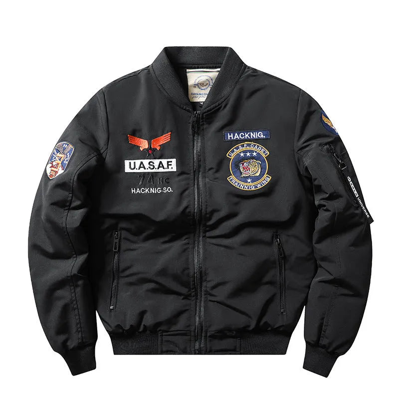 Men's slim-fit stand collar retro motorcycle cotton-padded coat in blue with embroidery and patch pockets.