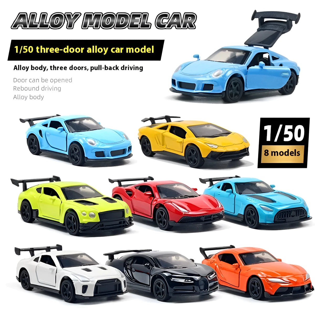 1:50 scale alloy sports car model toy in a random colour, bagged mini car for display