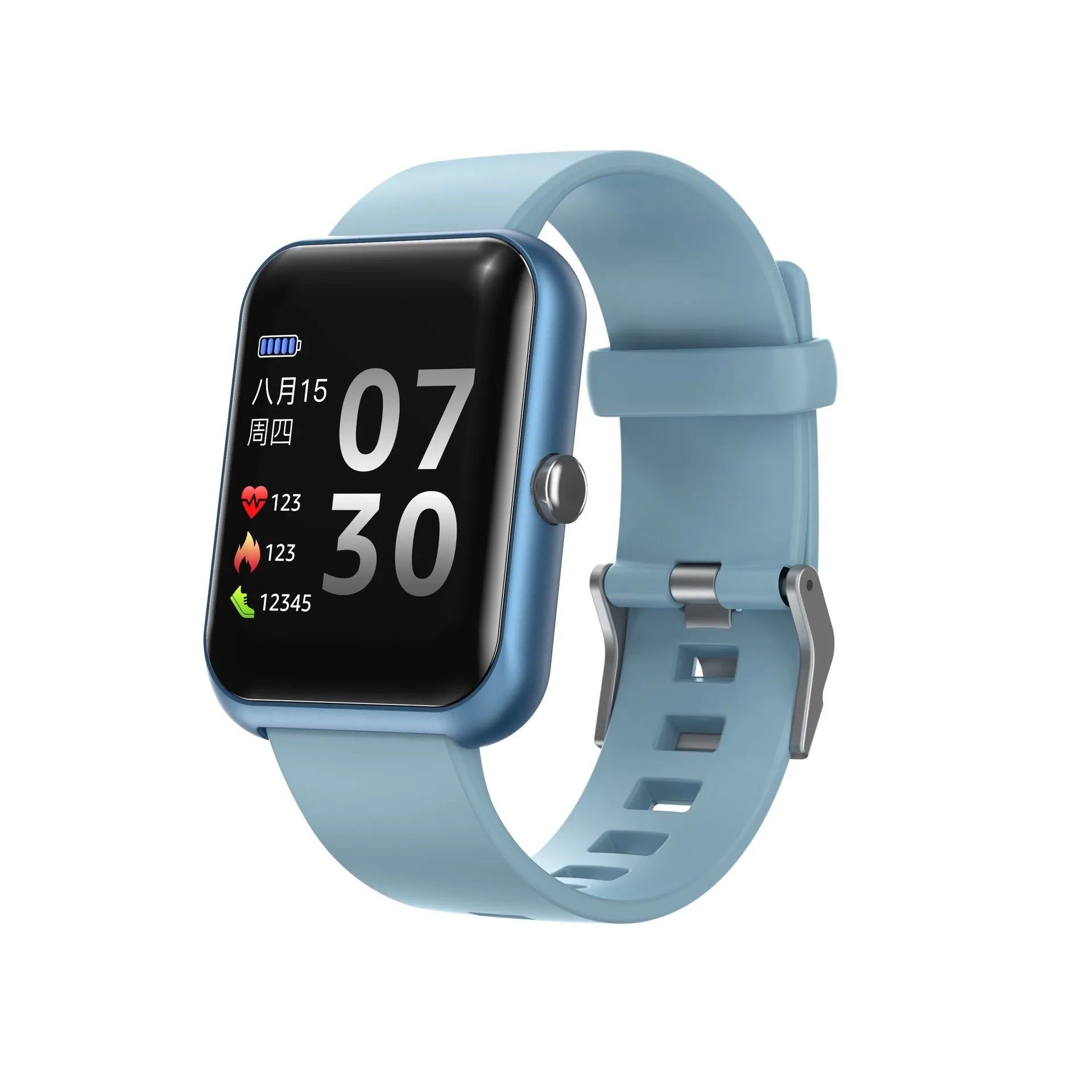 Square black aluminium smartwatch with silicone strap on a wrist.