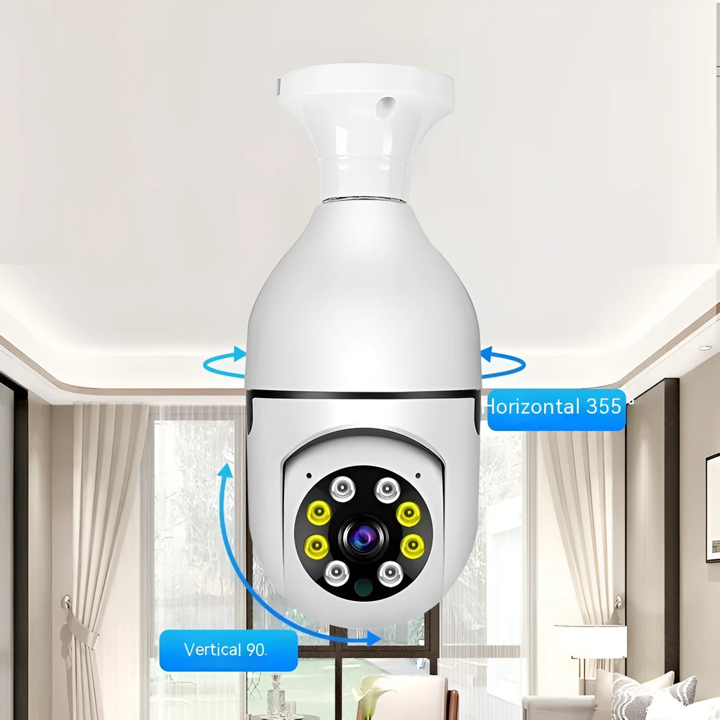 Wireless WiFi bulb security camera with plastic and metal construction measuring 5cm by 12cm