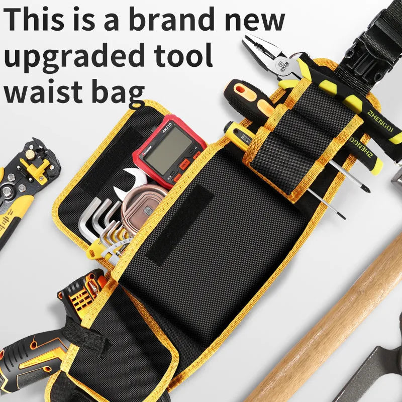 Yellow canvas electrician tool waist bag with belt for portable storage and repair use