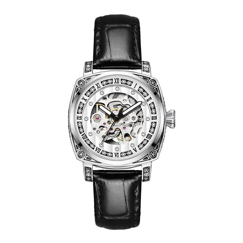 Men's mechanical watch with luminous hands on a leather strap, showing colour options: black, red, steel, and white dials.
