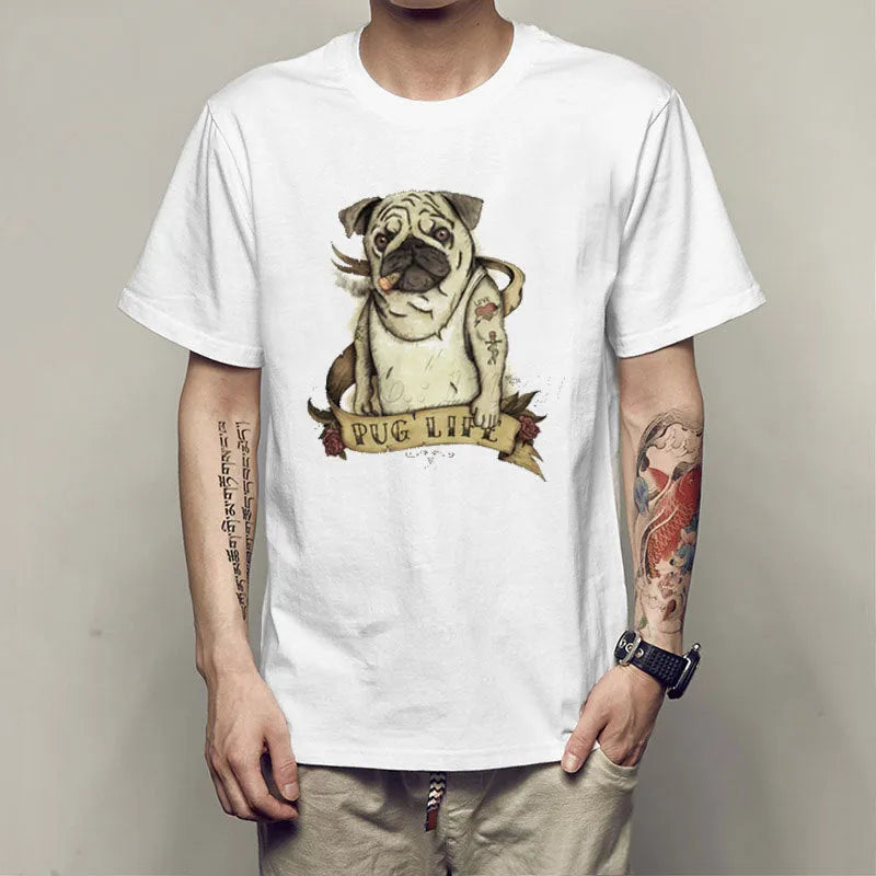 White men's short sleeve slim fit T-shirt with pug spoof print and round neck, milk silk 78% polyester