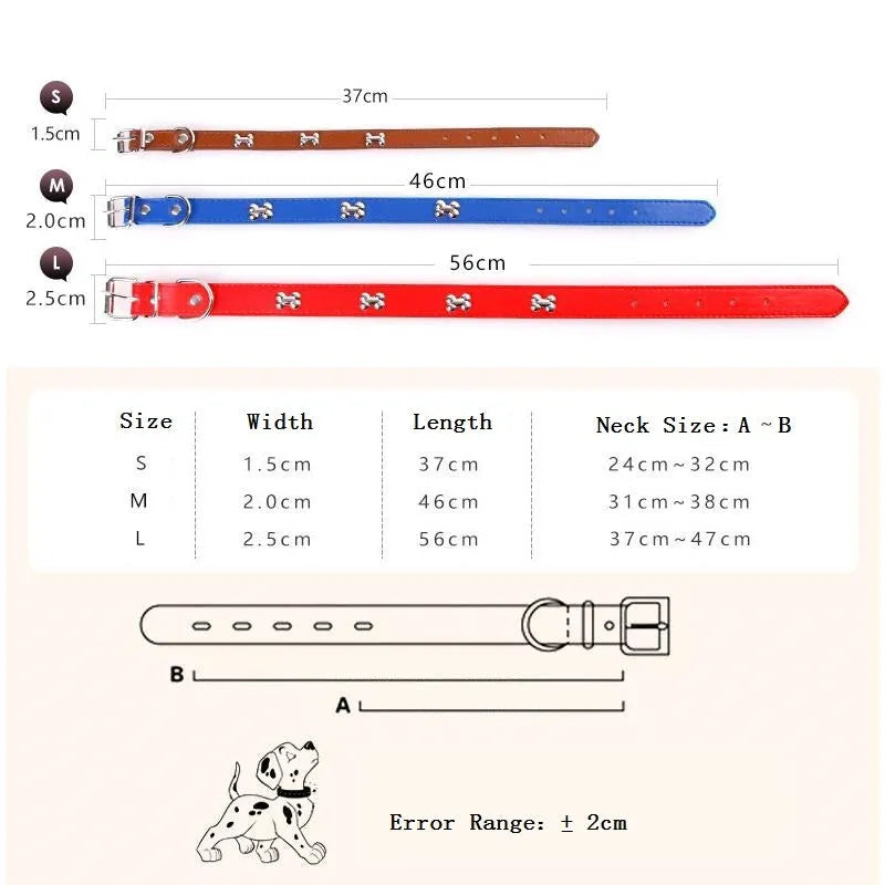 Pet leather collar with metal buckle in five colours for dogs and cats in M and S sizes