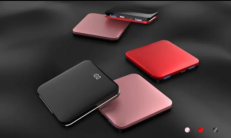 Ultra-thin mirror mini charging power bank with LCD display and alloy shell in black