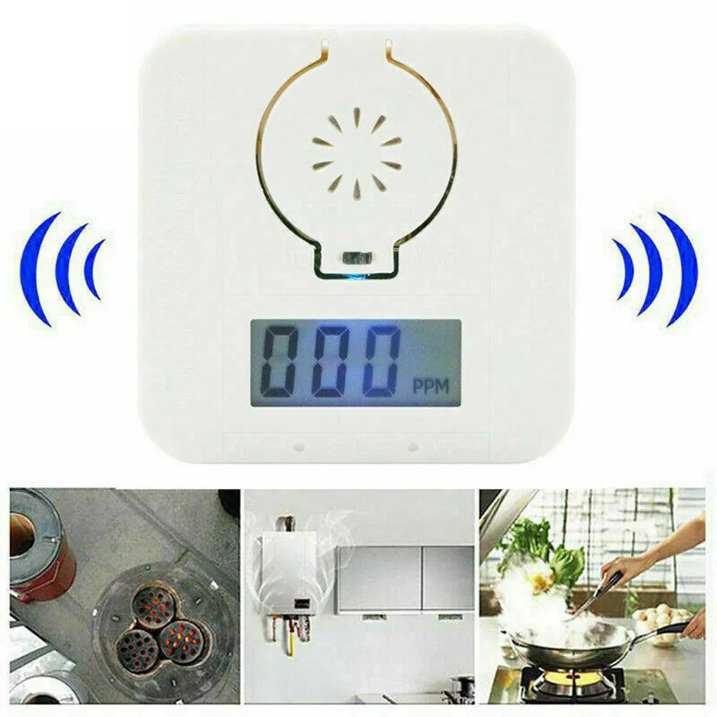 White wireless carbon monoxide alarm mounted on a wall for detecting coal and soot gas.