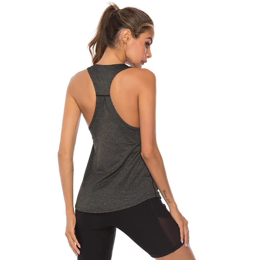 Women's athletic polyester back race vest in slate colour, O-neck design for gym and sport