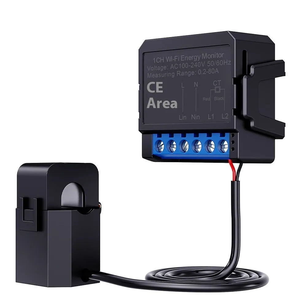 Black intelligent on-off switch with WiFi monitoring and electricity statistics, 39x39x19mm