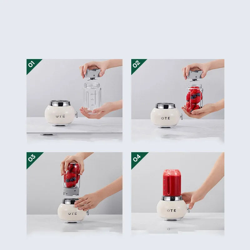 Small portable fruit juicer with metal body, 20000 RPM motor, 400mL capacity, available in green, white, pink, blue