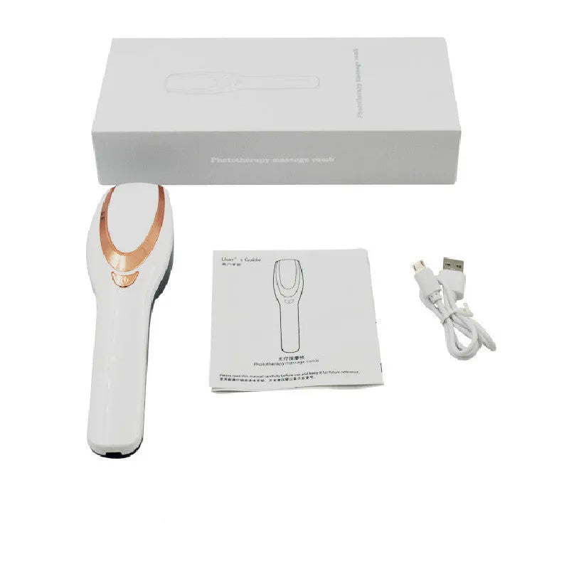 USB rechargeable light therapy massage comb with black ABS silicone body on white background