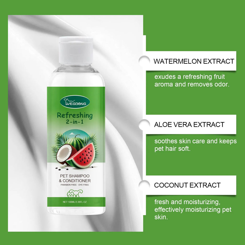 A 100ml bottle of pet 2-in-1 shampoo and shower gel with watermelon fragrance.