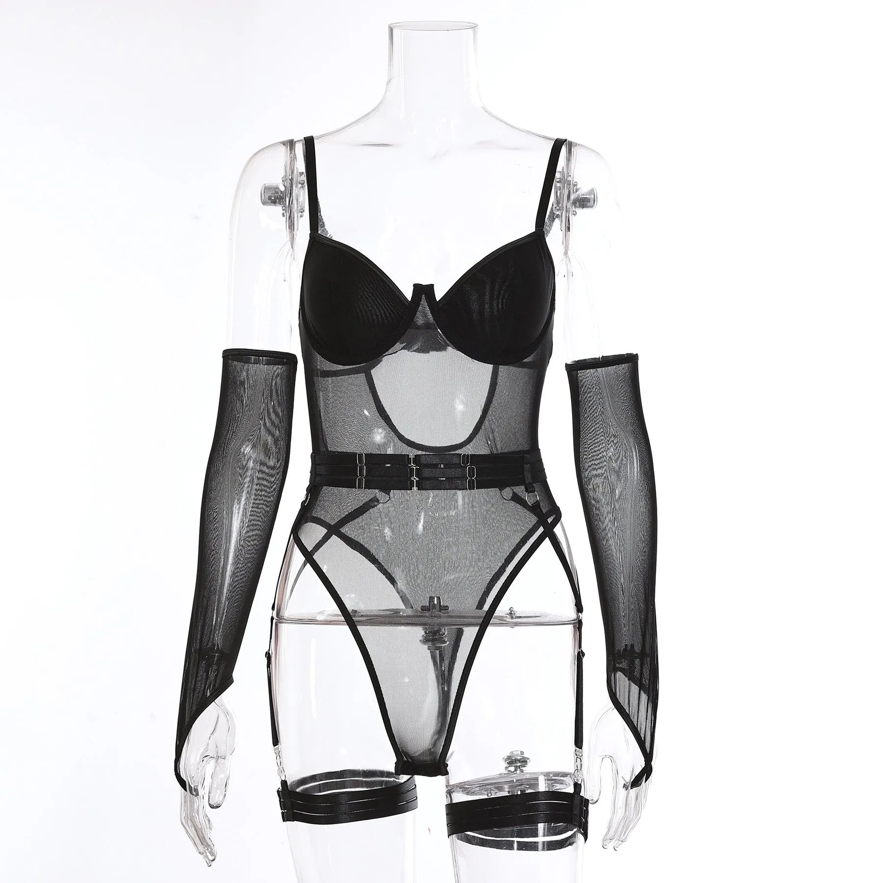 A woman modelling a black mesh see-through jumpsuit tights, a full-body one-piece garment.