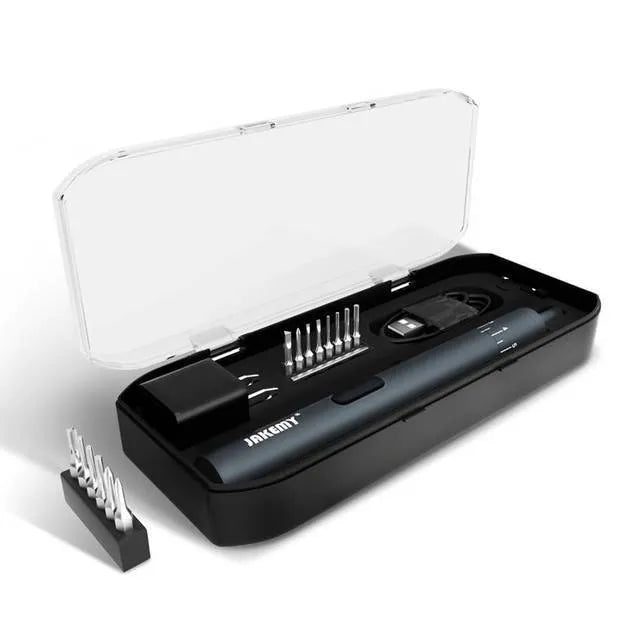 Black pen-type mini electric screwdriver with aluminium alloy body and micro USB charging port