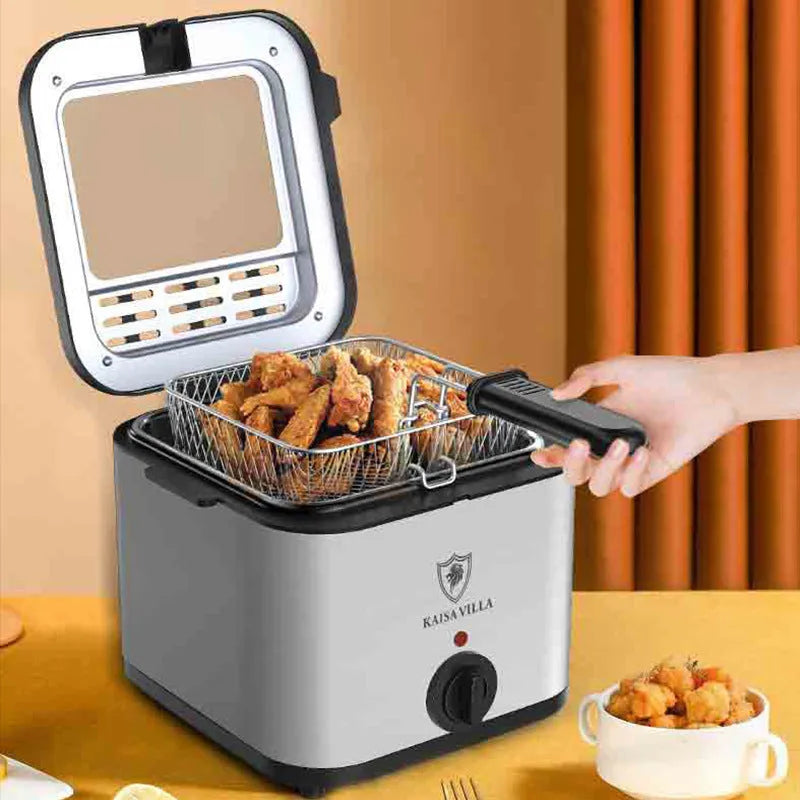 Silver electric air fryer with detachable basket showing stainless steel and plastic construction