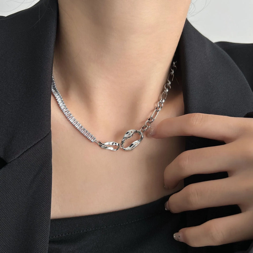 Women's irregular buckle alloy necklace with geometric quadrilateral pendant zircon stitching cold style light luxury