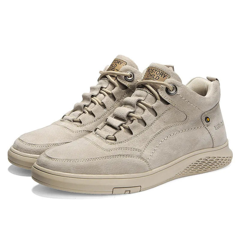 Men's leather sneakers in brown with cowhide upper, round toe, front laces, and low heel