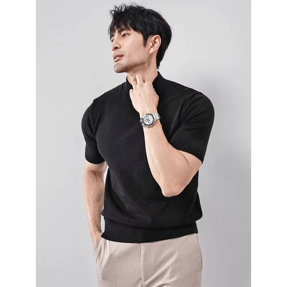 Men's ice silk half turtleneck knitwear pullover, slim fit thin polyester in solid colours, sizes M to XXXL