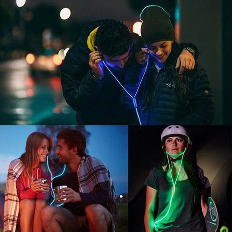 Blue Magic Light LED earphones with glowing cable connected to a phone showing rhythm-sync light effects.