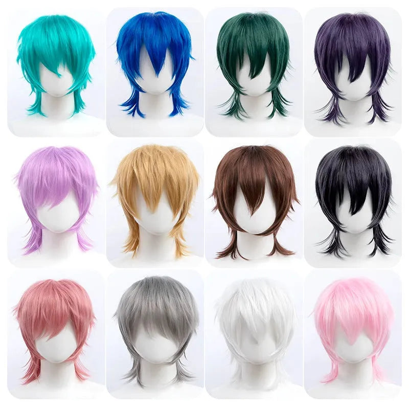 Short black anime cosplay wig for men with a lengthened hair tail, made from high-temperature fibre.