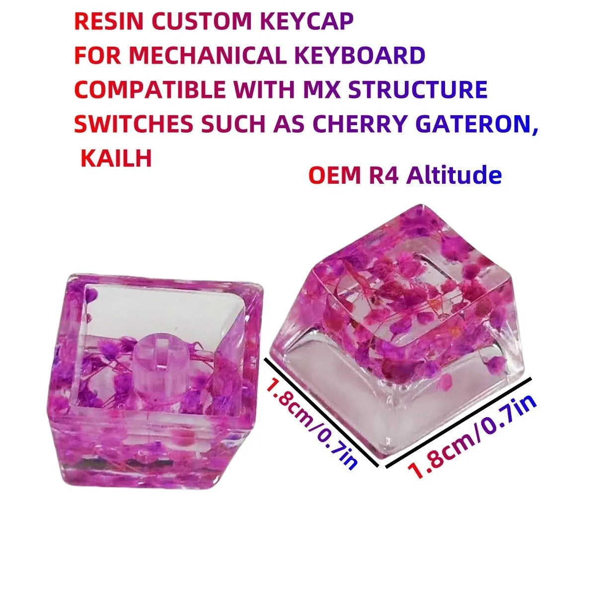 High transparency resin keycap with starry sky pattern in green, shown next to a mechanical keyboard.