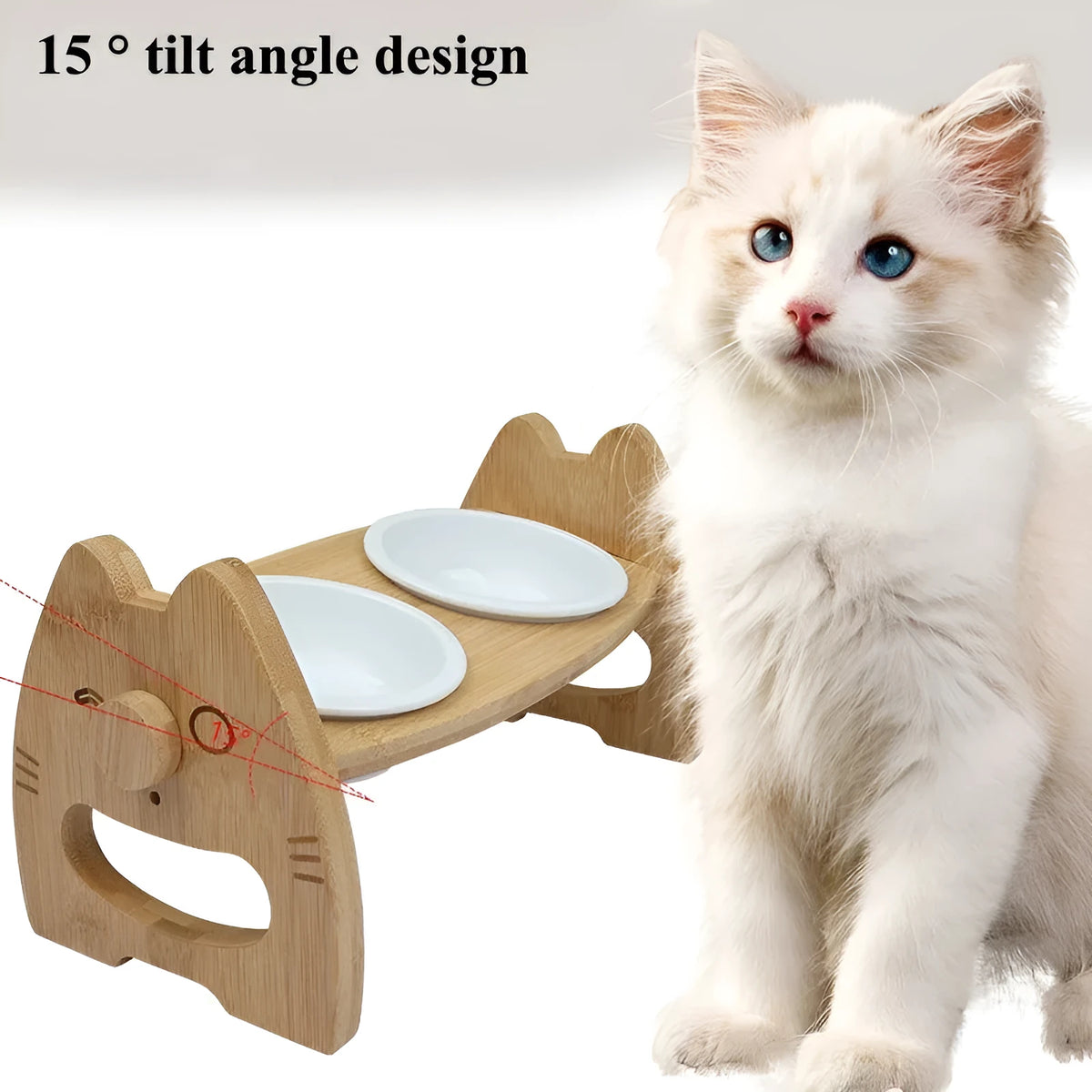 Ceramic double bowl pet feeder on bamboo stand, height adjustable, original wood colour, non-slip base