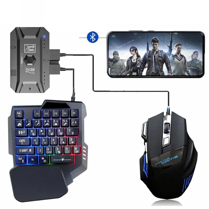 Grey mobile gaming keyboard mouse converter set with ABS throne for Android and Apple devices