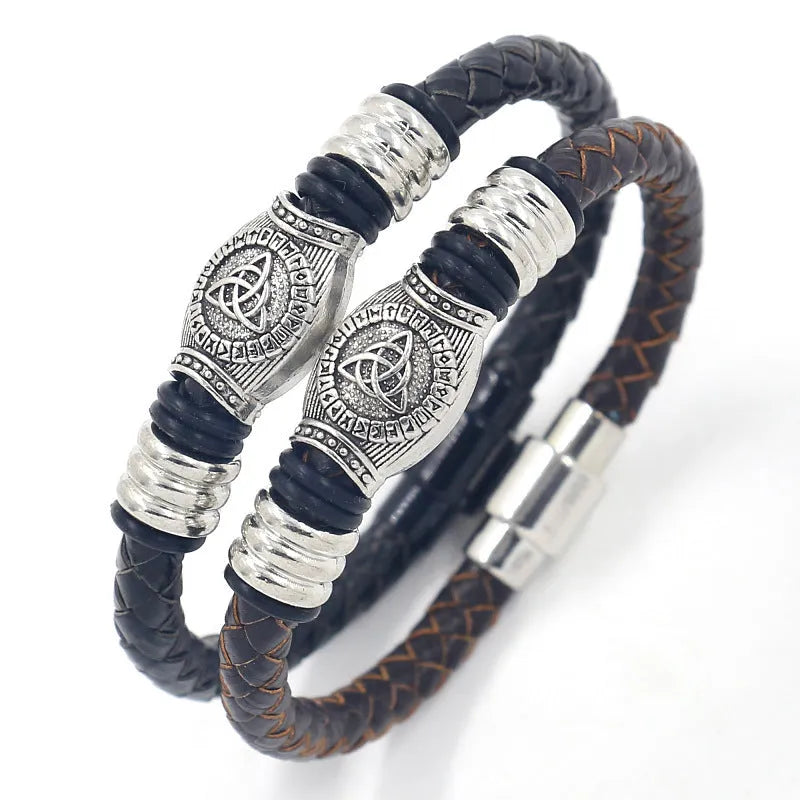 Leather rope hand weaving bracelet with alloy magnetic buckle in black, blue, brown, green colours