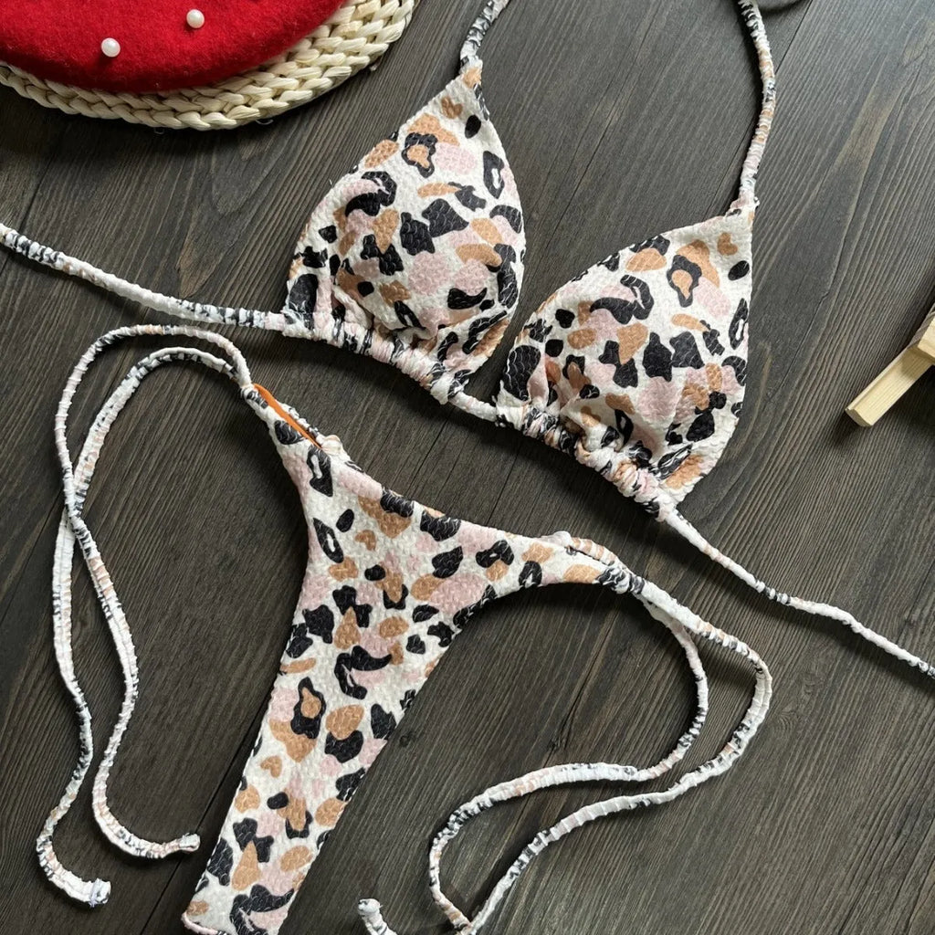 Women's printed nylon bikini swimsuit with cotton-lined briefs in three colour options